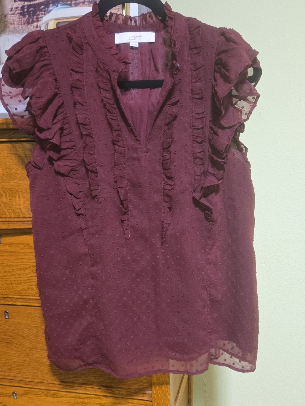 LOFT Burgandy Ruffle Swiss Dot Sleeveless Top
